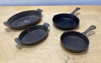Wagner Ware Cast Iron Set: 8" & 6.5" Skillets + 1405E & 1405F Oval Baking Pans Vintage USA