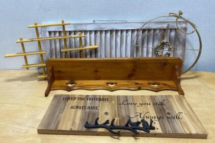 Rustic Wall D&eacute;cor Lot &ndash; Love Quote Sign with Branch Hook, Wooden Shelf, Ladder & Slat Panel