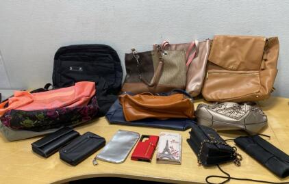 Calvin Klein, FP, D&K Handbags, Wallets, Backpacks, 13-Piece Mixed Lot, Metallic & Print Styles