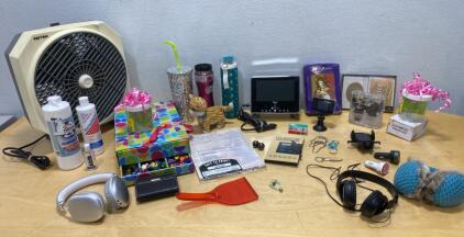 Assorted Electronics & Accessories Lot &ndash; Patton Box Fan( Powers On ), Headphones, Kitchen & Decor, 30+ Items