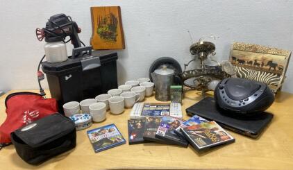 Household Lot: Memorex CD Boombox, HP Laptop, 6 DVDs, Wagner Sprayer, Decor, Mugs - Unable to Test Electronics