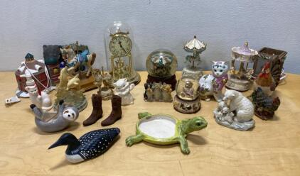 Vintage Figurines & Decor Lot: Musical Boxes, Snow Globes, Clocks, Animal Themes, 17 Pieces