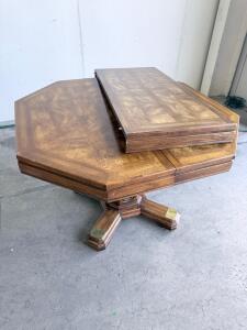 Octagonal Extendable Wood Dining Table with Removable Leaf, Pedestal Base, Brass Foot Accents