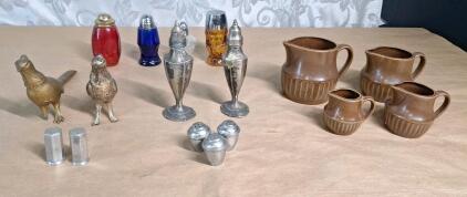 (4) Vintage Metal Salt & Pepper Shaker Sets, (4) Vintage Glass Salt/Pepper Shakers & (1) 4-Piece Small Vintage Porcelain Pitcher Set