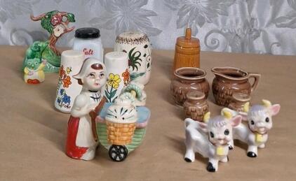 (1) Vintage Porcelain Milk Maid & Cart - Salt & Pepper Shaker Set, (3) Vintage Porcelain Salt & Pepper Shaker Sets & (4) Vintage Porcelain Salt/Pepper Shakers