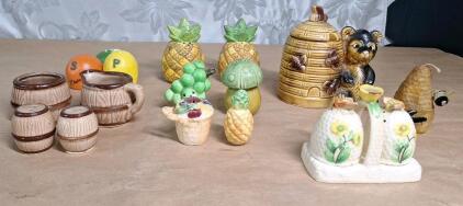 (1) Vintage Porcelain Bee Hive Salt & Pepper Shaker Set, (1) Vintage Porcelain Behive & Bear Honey Container, (3) Vintage Porcelain Salt & Shaker Sets & (4) Vintage Porcelain Salt/Pepper Shakers