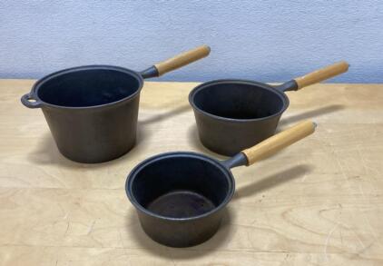 Vintage Taiwan Cast Iron Sauce Pan Set - 1QT, 2QT, 3QT, Wood Handles