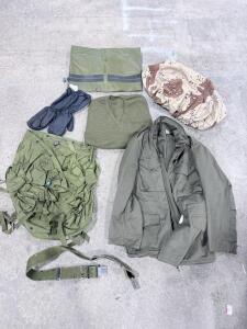 SealLine ILBE MACS Bag 18"x40" NSN 8465-01-559-5404, Waterproof Dry Bag with Purge Valve, USMC Issue & Medium Austrian Field Jacket, Swiss S-M Gloves, Medium Green Sweaters