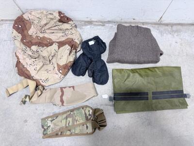 US Military Gear Lot: SeaLine ILBE Waterproof Bag, Wool Sweater, Padded Belts, Mittens, Camo Cover