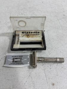 Gillette Slim Adjustable Double Edge Safety Razor with Case and Blade Dispenser, 1960s USA