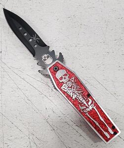(1) Frost Cutlery Tac Xtreme Skeleton Coffin Linerlock Aluminum Handle and Black Coated Stainless Steel Spear Point Plain Edge Blade