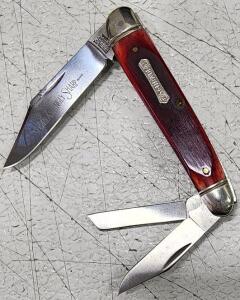 (1) Vintage 1980S Schrade Heritage Knife NY,USA Three Blade Red Bone Handle