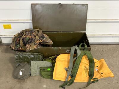 Military Surplus Lot: Steel Storage Trunk, Camo Duffel, Harnesses, Utility Bags, Riot Mask Pouch. please inspect in person