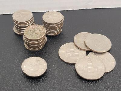 (5) Independence Hall Half Dollar Coins & (40) 200 Year Commemorative Quarters
