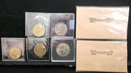 (3) United States Presidential One Dollar Coins (1) 1979 Susan B. Anthony Dollar Coin (1) 1997 United States Kennedy Half Dollar (2) Flat Large Dollar Coin Wrapper Sleeves