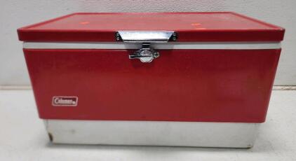 Coleman Vintage Red Steel Belted Cooler, Metal Construction, Circa 1960s-70s