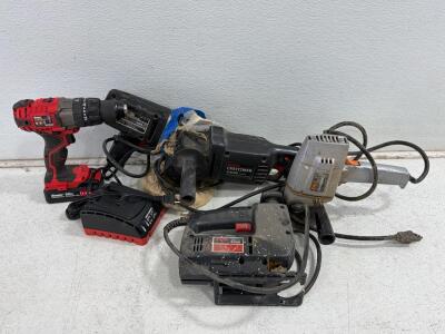 Skil 4395 Jigsaw, 901 Grinder, Craftsman Recip Saw, Bauer 20V Drill, Power Tool Lot. Only some power on, could test battery drill because of bad battery. Please inspect in person.