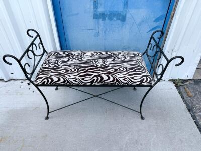 Metal Zebra Print Upholstered Bench, Scroll Arm Design, 40" x 15" x 24", Decorative Accent