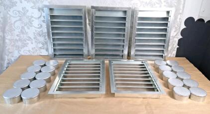 (5) FAMCO 12" x 18" Louvered Flush Mount Gable Vents W/ Bug Screen, Galvanized & (20) FAMCO- 4" Flue/Pipe Caps, Galvanized