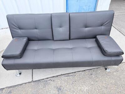 Black Faux Leather Futon Sofa Bed with Chrome Legs and Removable Arm Pillows, Modern Convertible Design