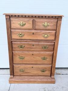 Richardson Brothers Oak Jewelry Highboy Dresser, 7 Drawers, Mirror, Felt Lined, Brass Hardware