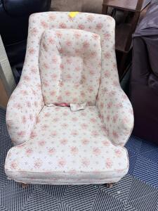 Vintage Floral Upholstered Armchair, Wooden Legs, Tufted Back, Removable Cushion