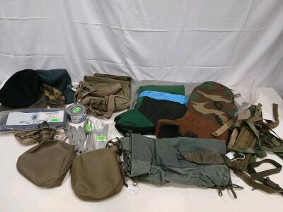 Military Surplus Lot: Beret NSN 8405-01-375-8983, US Canteens, Utensils, Camouflage Field Gear