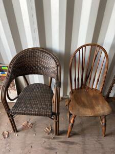 Windsor-Style Bow-Back Wood Chair and Barrel-Back Rattan Armchair, Brown, Turned Legs, Spindle Back