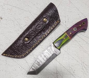 (1) Fixed Blade Damascus Steel Utility Knife With Wood And Resin Handle And Sheath