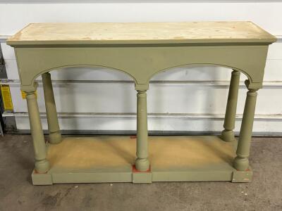 Traditional Console Table, 60" Long, 2 Shelves, Olive Green, Arched & Turned Leg Detail