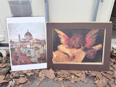 Florence Duomo Veduta Print by Hollaender & Angel Playing Lute Print, Brown Mat, Italian Art