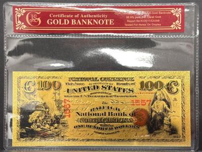 24K Gold-Plated $100 U.S. National Currency Replica, Raleigh Bank, COA, Certificate KI/2011/C0359