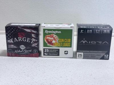 12 Gauge Ammo Lot: Remington, NSI, Migra &ndash; 2&frac34;" & 3", Lead/Steel, Target & Waterfowl, 25 Rounds Each