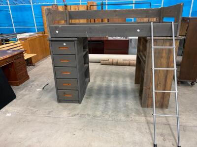Twin Loft Bed with Desk, 6 Drawers, 3 Shelves, Charcoal Stain, Metal Ladder