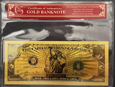 24K Gold-Plated One Million Dollar Novelty Banknote, 99.9% Pure Gold, COA, Serial 1000000MUSA