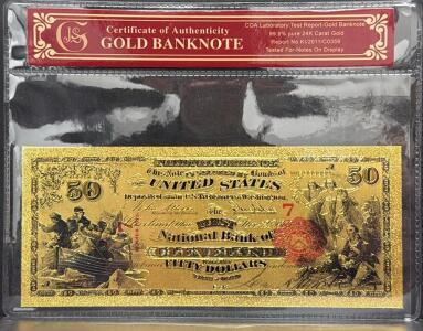 24K Gold-Plated Commemorative $50 Cleveland Banknote Replica w/ COA, Serial WE99999996