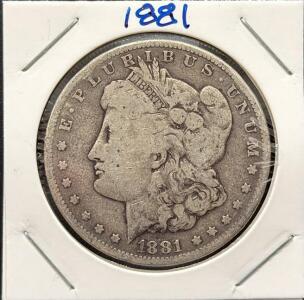 1881-O Morgan Silver Dollar, New Orleans Mint, 90% Silver, Circulated, 38.1mm, $1 Coin
