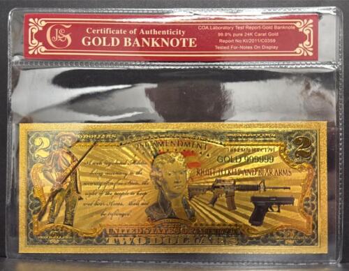 2nd Amendment Right to Bear Arms $2 Commemorative Gold-Plated Replica Banknote w/ COA GOLD 999999