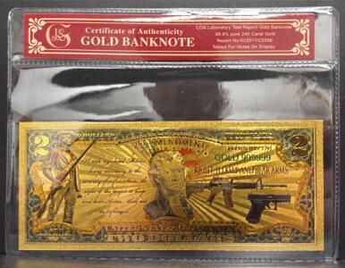2nd Amendment Right to Bear Arms $2 Commemorative Gold-Plated Replica Banknote w/ COA GOLD 999999