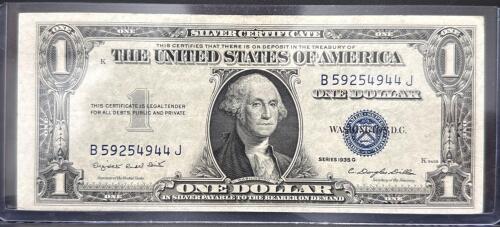 1935 G $1 Silver Certificate, Blue Seal, B59254944J, Smith/Dillon Signatures, U.S. Note