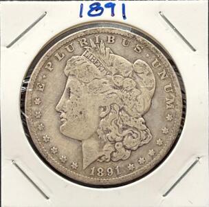 1891 Morgan Silver Dollar, Philadelphia, 90% Silver, Circulated, Liberty Head, Eagle Reverse