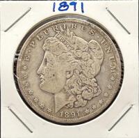 1891 Morgan Silver Dollar, Philadelphia, 90% Silver, Circulated, Liberty Head, Eagle Reverse