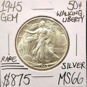 1945 MS66 RARE Gem Silver Walking Liberty Half Dollar