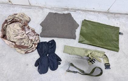 USGI Military Surplus Gear Lot: Wool Sweater M, ILBE Waterproof Bag, LC-2 Belt Medium, Mittens, Camo Cover