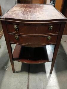Vintage Bow Front Wooden End Table, 2 Drawers, Brass Lion Head Pulls, Shelf, c. 1930s-50s