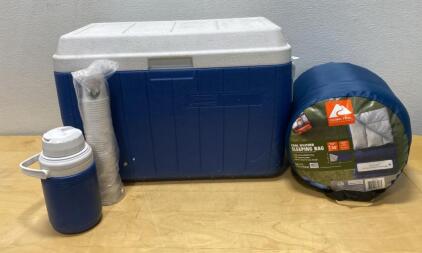 Coleman Cooler & Jug, Ozark Trail 35&deg;F Sleeping Bag, Cups &ndash; Camping Outdoor Set