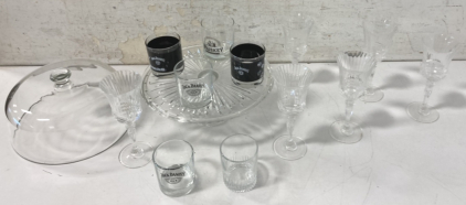 Collectible Whiskey Glasses, Cake Server, & Wine Goblets