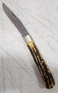 (1) Burnt Chimney Stag Antler Handle Pocket Knife