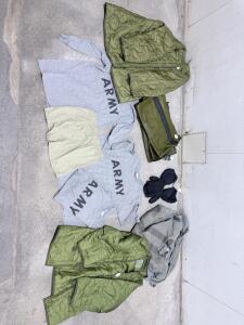 US Army Surplus Lot: 2 Gray PFU PT Shirts M, 2 M-65 Field Jacket Liners, Aviator Kit Bag