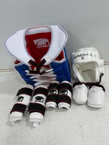 Youth Martial Arts Sparring Set GTMA & Macho, Chest 1, XS/XXS Pads, Small Headgear, Blue/Red Vest